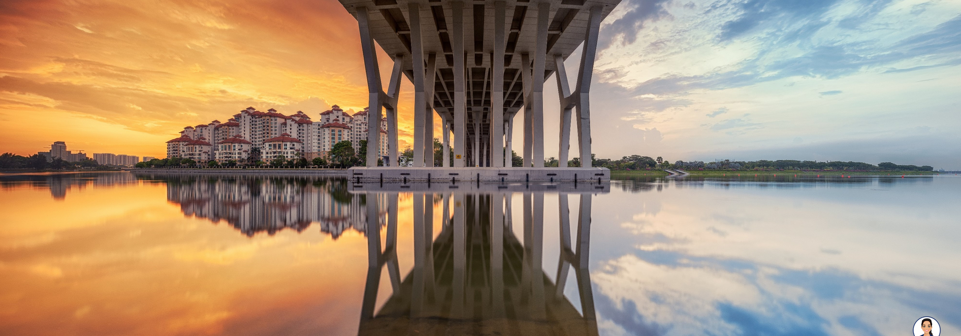 Reflection of buildings and a bridge's pillars on calm water during sunset.